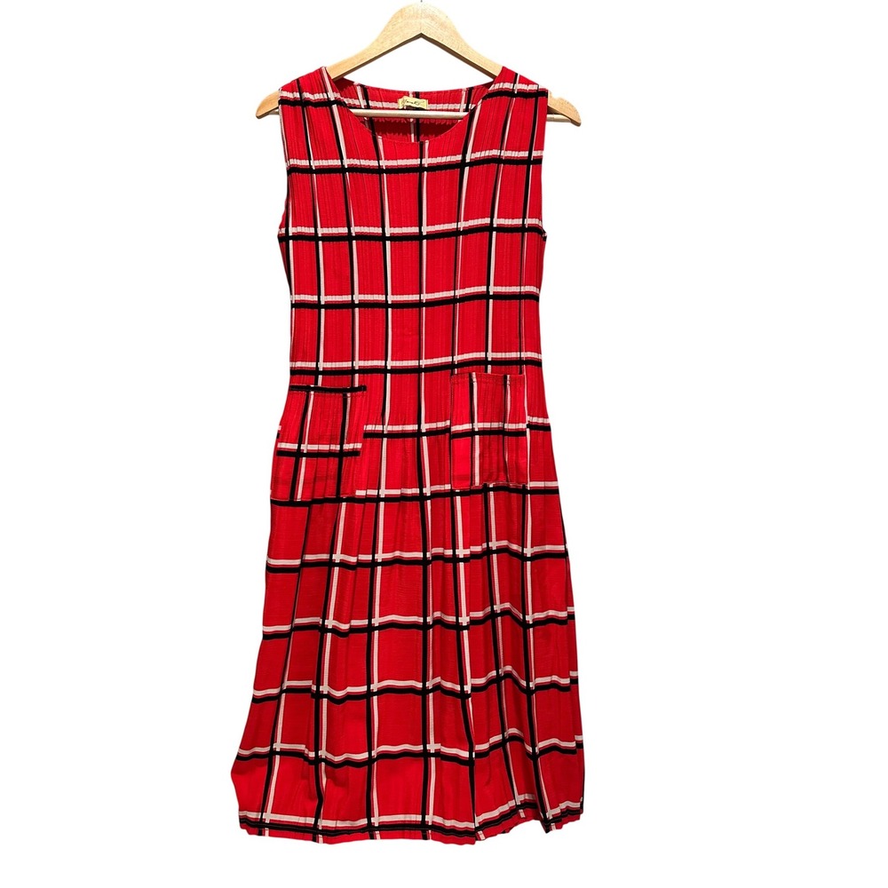 Nanako Red Plaid Midi Dress Sleeveless Stretch S/M Academia Preppy Fall